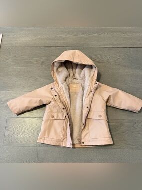 Zara Kids Hooded Raincoat in Light Pink with Faux-Sherpa Lining